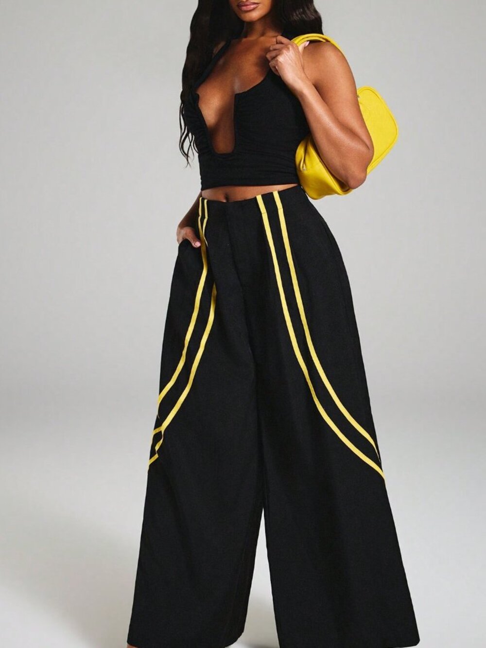 Black Elegant Women's Striped High Waist Wide Leg Pants - Picture 1 of 7